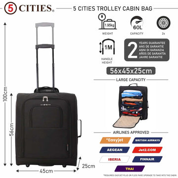 5 Cities (56x45x25cm) Easyjet, British Airways Maximum Cabin Allowance Lightweight Cabin Hand Suitcase, 2 Years Of Warranty